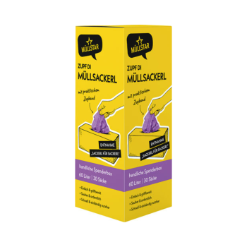 müllstar Zupf DI Müllsäcke, Spenderbox, 60 Liter, 30 Stück Produktbild, Vorderseite der Verpackung